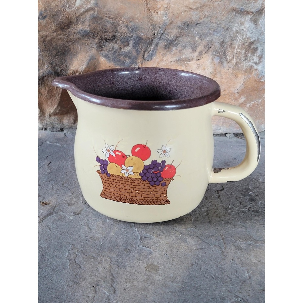 Vintage Enamelware Mug Pitcher Fruit Basket Cottagecore Kitchen Decor Enamel Pot